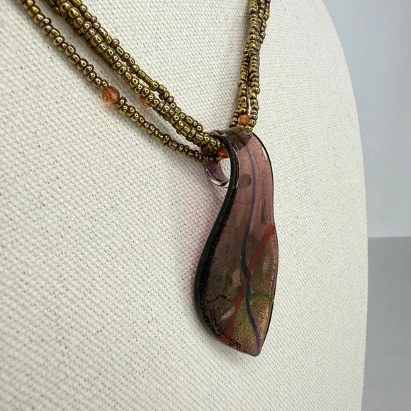 Dichroic Glass Teardrop Pendant Necklace Multi Strand Bronze Seed Beads - Picture 3 of 10